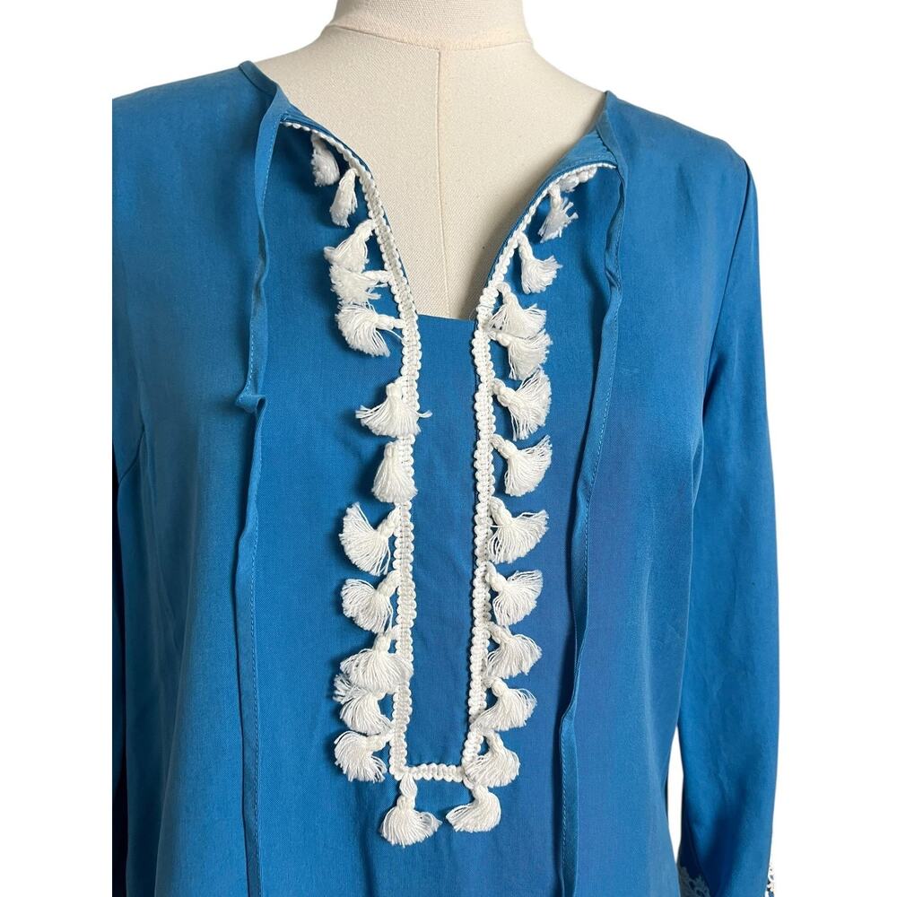 Line & Dot Tunic Blouse NWT XS Blue Lace Trim Boho Peasant Long Sleeve Top - Picture 3 of 9